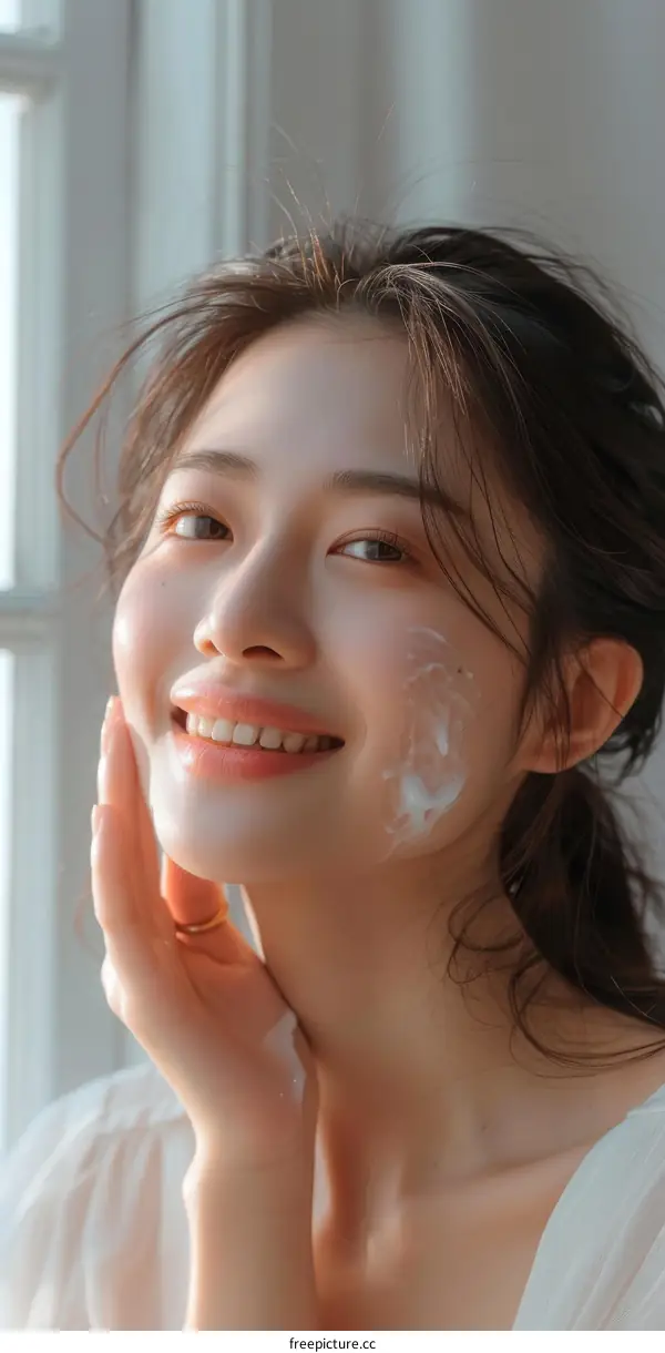 Beautiful Asian Woman Applying Facial Cream