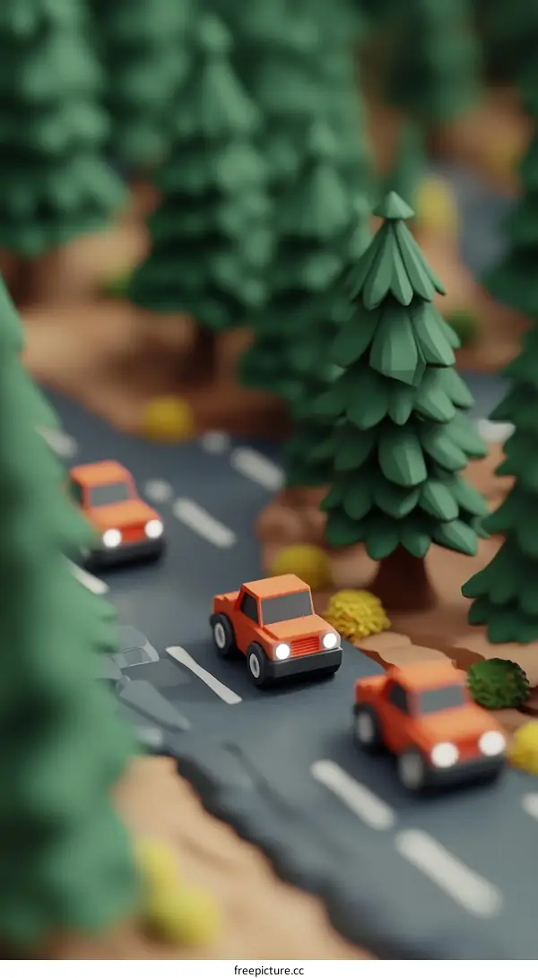 Miniature Forest Road with Orange Cars