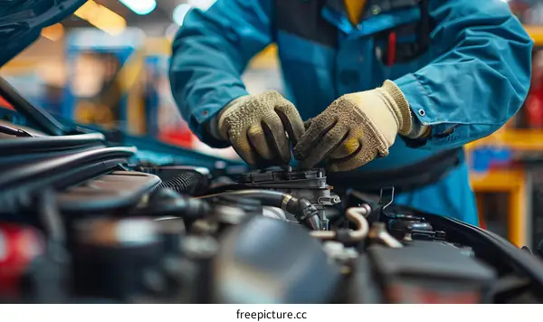 Car mechanic in blue uniform fixing a car engine