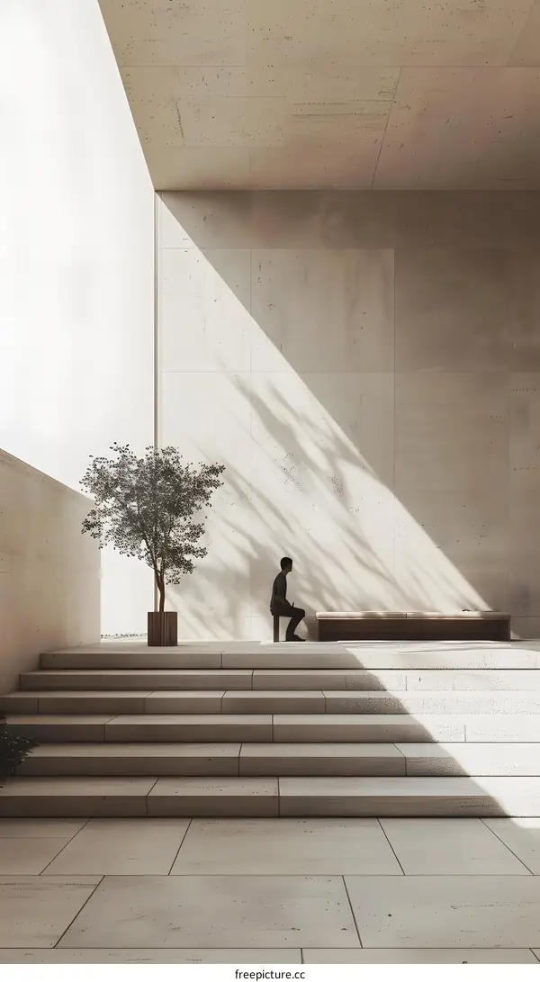 Minimalist Concrete Building with Man Sitting on a Bench