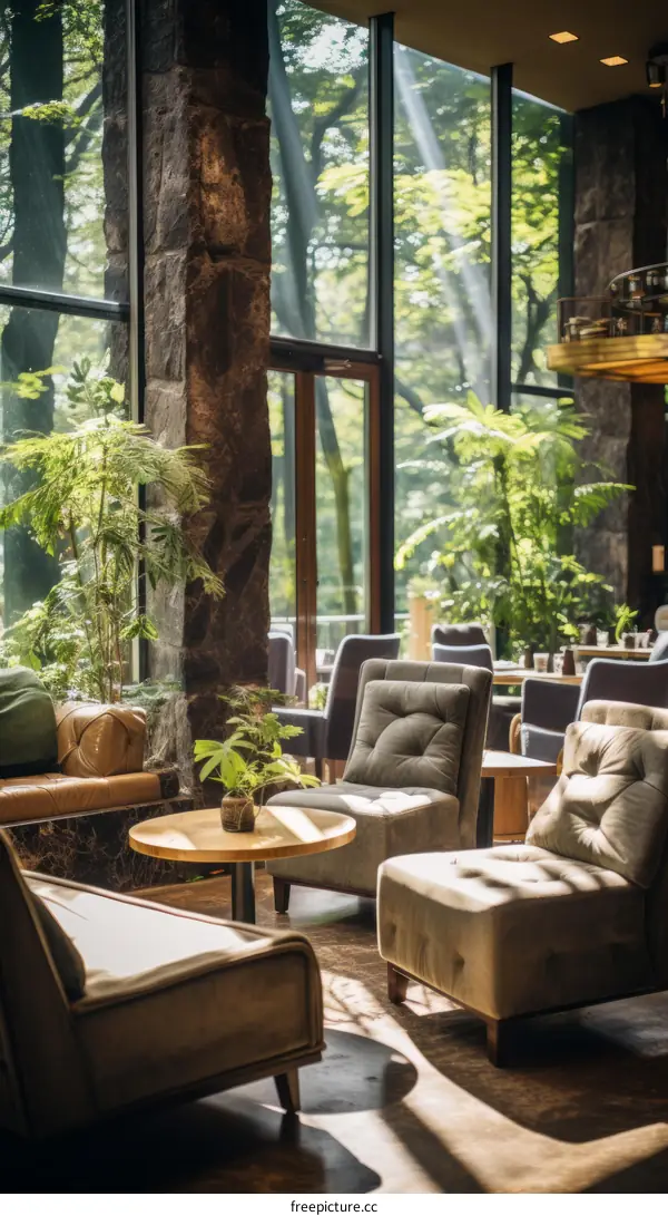 Elegant living room interior with large windows and green plants