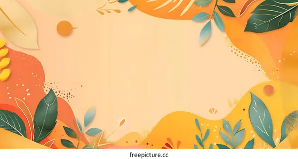 Abstract Orange and Yellow Background with Green Leaves