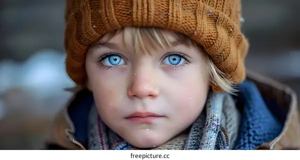 Portrait of a boy with blue eyes wearing a brown beanie