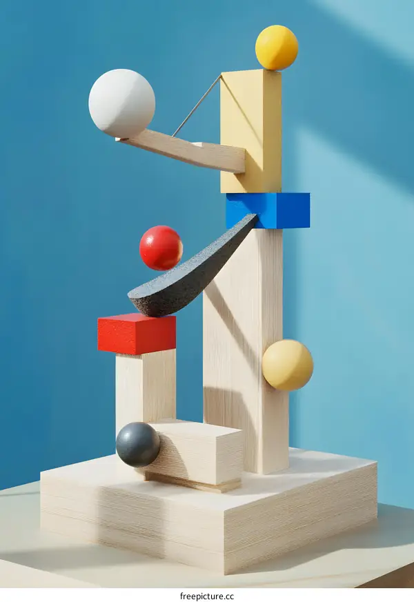 Abstract 3D Wooden Block Sculpture with Colorful Spheres
