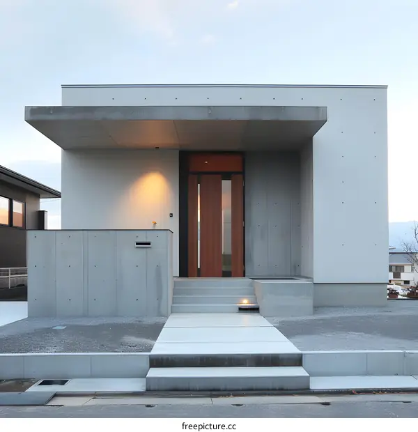 Modern Concrete House with Wooden Door and Steps