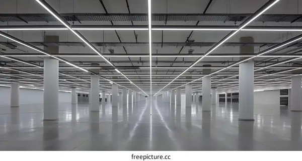 Modern Architecture, Interior Design, Empty Room With White Columns and Grid Ceiling Lighting