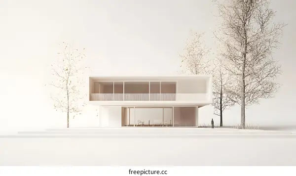 Minimalist Modern House with Trees and a Single Figure