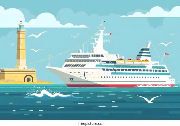 Cruise Ship Sailing Past a Lighthouse