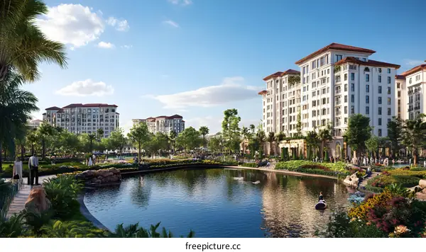 Luxury Residential Buildings with Palm Trees and a Pond