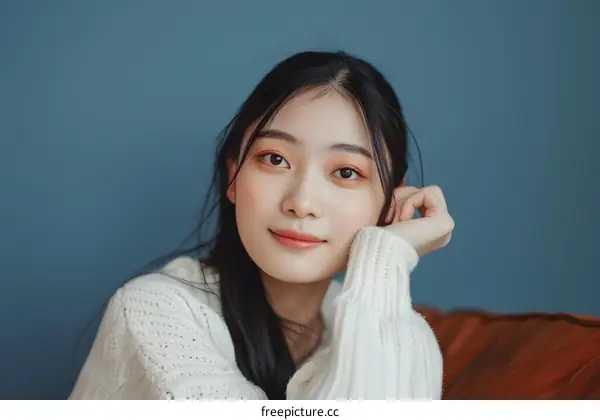 Portrait of a Young Asian Woman with a Blue Background