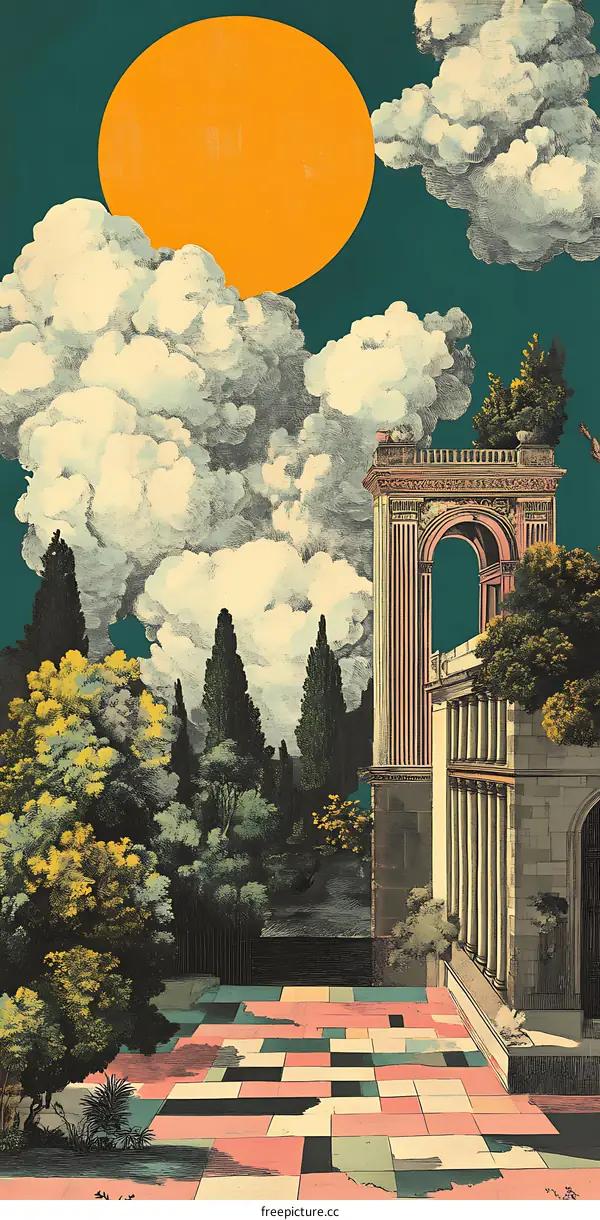 Surreal Illustration with a Large Sun, Clouds, Trees and a Stone Building