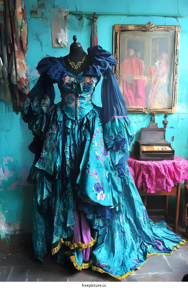 Vintage Blue Dress with Floral Pattern and Ruffles