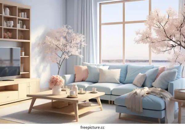 Bright and Open Living Room with Cherry Blossoms