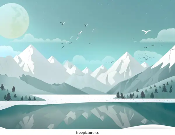 Snowy Mountains Landscape with Lake and Full Moon