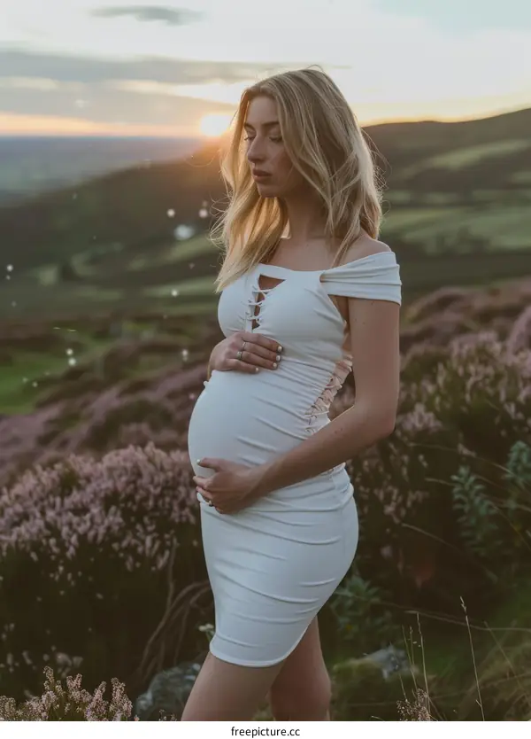 Pregnant woman standing in a field of purple flowers