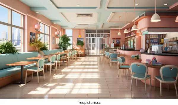 Retro pink and blue diner interior with large windows