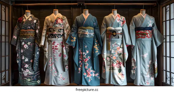 A variety of traditional Japanese kimono on display