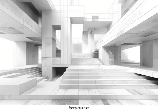 A 3D rendering of a Brutalist building