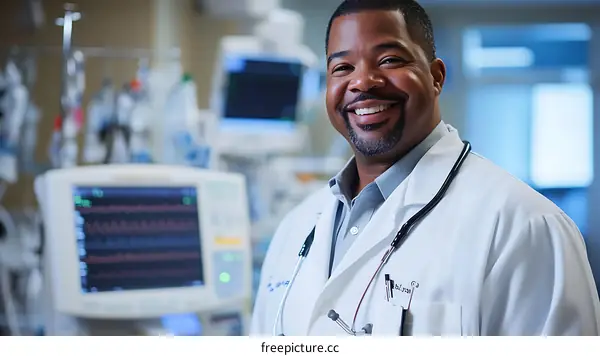 Smiling African American Doctor in Hospital Setting
