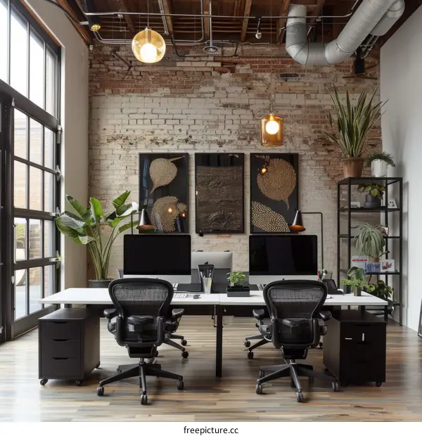 Brick Wall Office Room With Glass Door