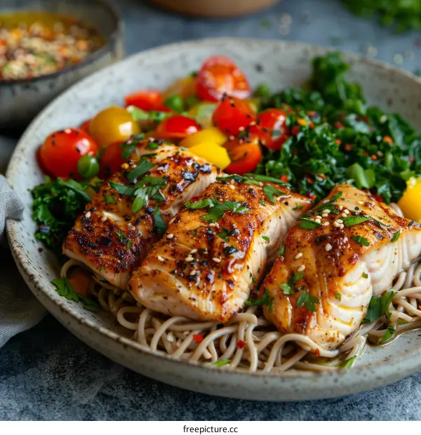 Salmon Soba Noodle Bowl with Vegetables