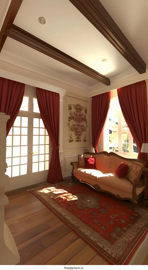 Classic Living Room Interior Design with Red Curtains and Wooden Beams