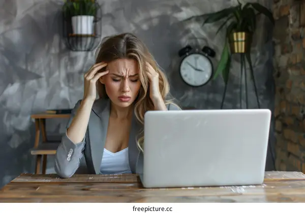 Stressed businesswoman sitting at her desk with laptop
