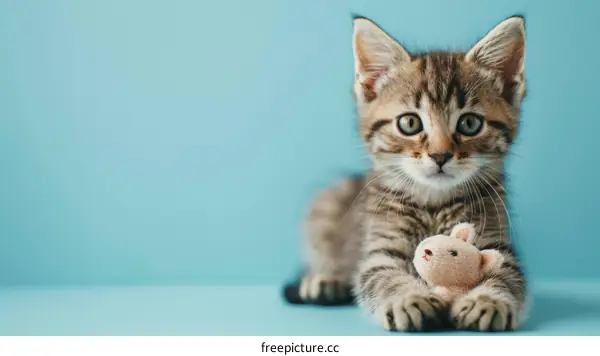 A cute tabby kitten playing with a toy mouse