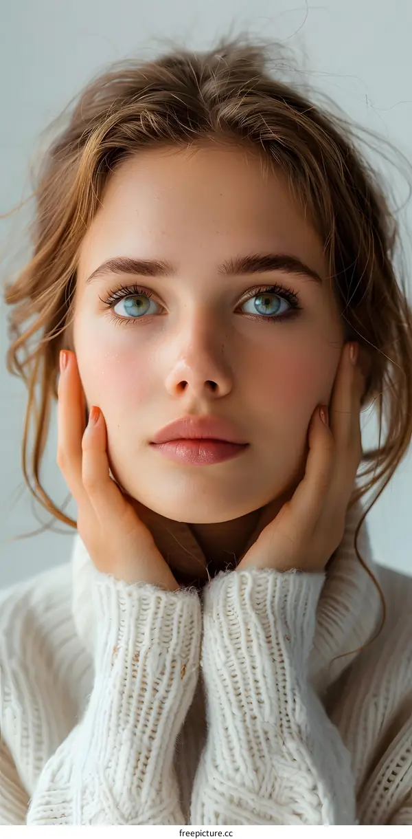 Portrait of a beautiful young woman with green eyes and freckles