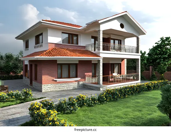 Modern Two Story House with Balcony and Red Roof
