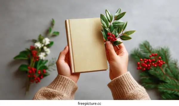 Beige Book Held by Person with Christmas Decoration
