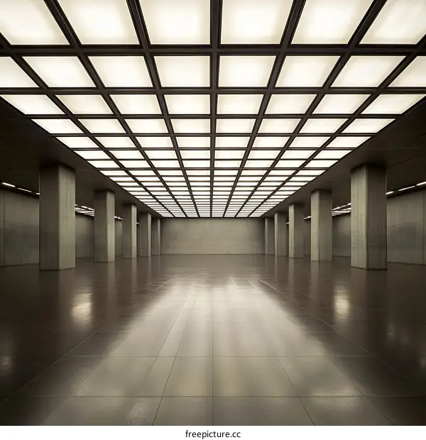 Empty Concrete Room With Grid Ceiling Lights