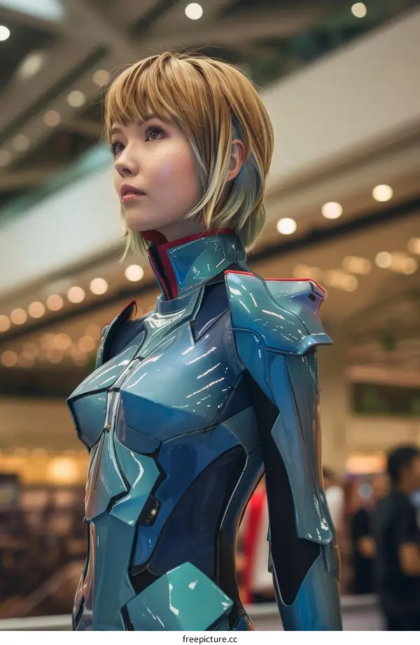 portrait of a young woman with short blonde hair in a blue and green bodysuit