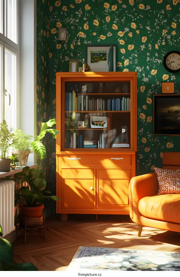 Sunlit Living Room Interior Design With Green Floral Wallpaper And Wooden Cabinet