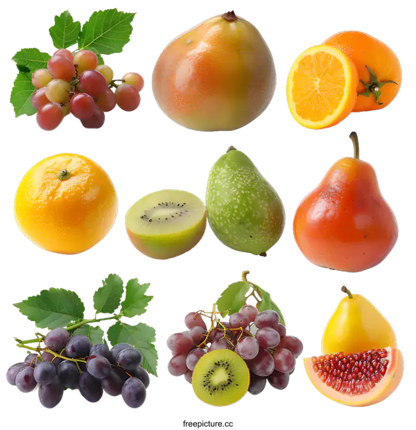 [Transparent Background PNG]Fresh Fruit Collage With Grapes, Pears, Kiwi, And Oranges