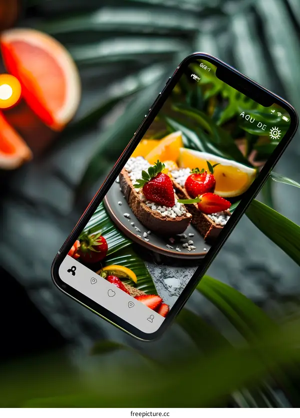 Phone Screen with Food Photography of Chocolate Bread with Strawberry and Orange