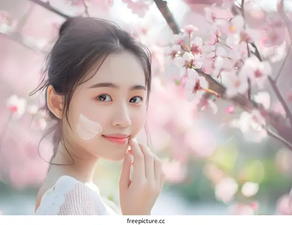 Beautiful Asian Woman With White Flower On Her Face Posing In A Blooming Cherry Blossom Tree