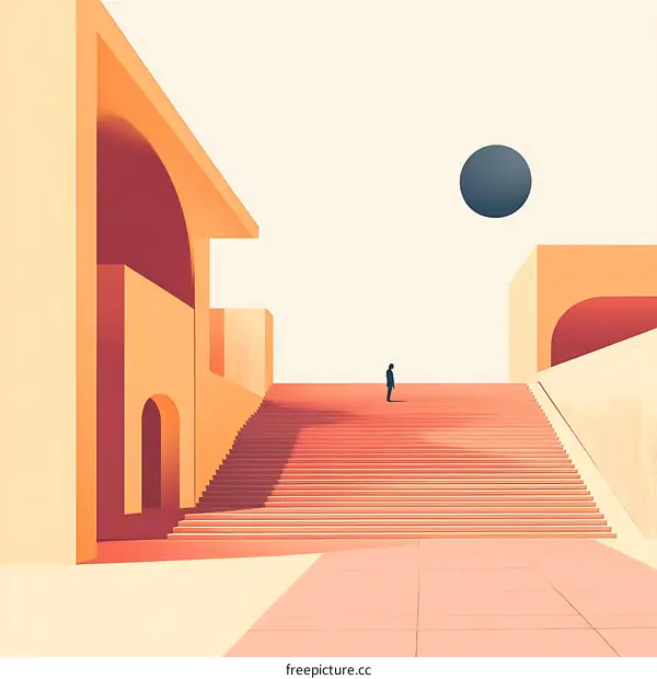 Minimalist Illustration of a Person Standing on Stairs in a Surreal Architectural Setting