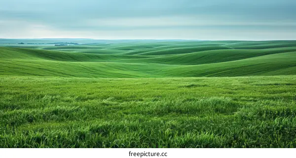 Undulating Green Wheat Field under Clear Blue Sky with Fluffy White Clouds