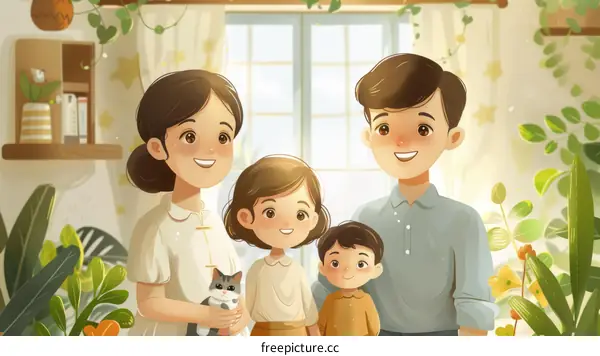 Family of Four Standing Together in Living Room