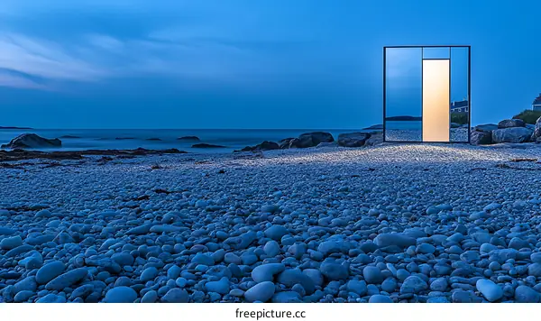 Modern Art Installation on a Pebble Beach at Dusk