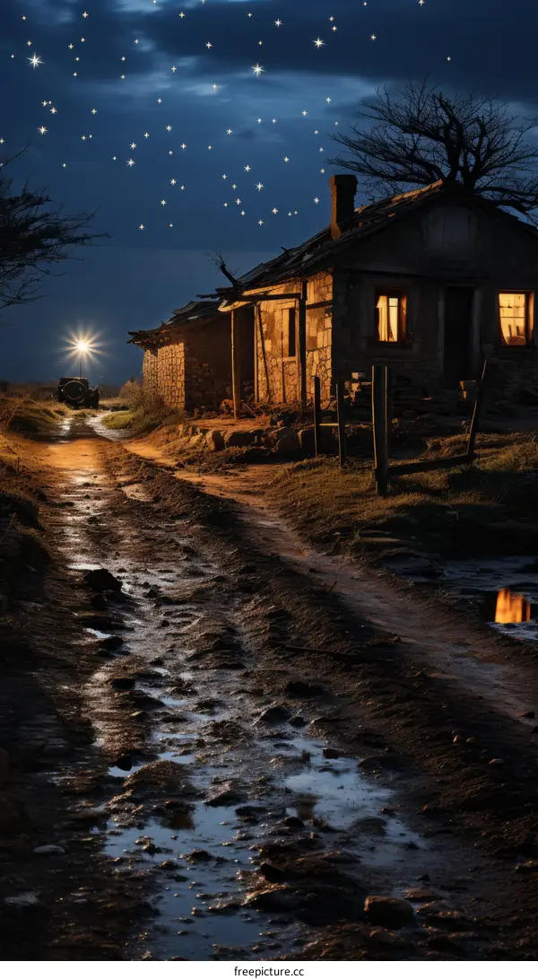 Country road with a house under the stars