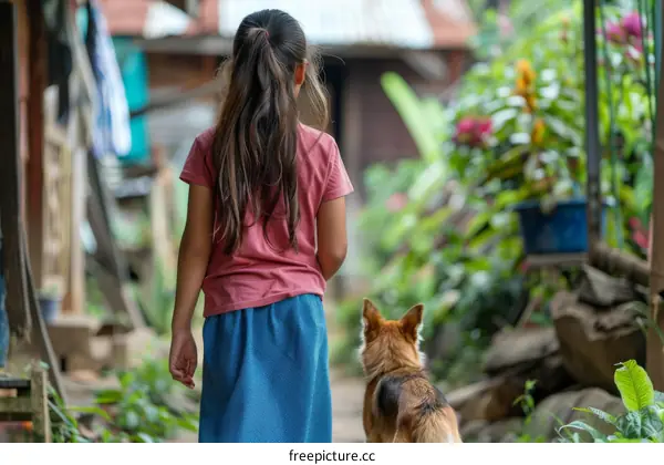 Little girl with dog in the countryside