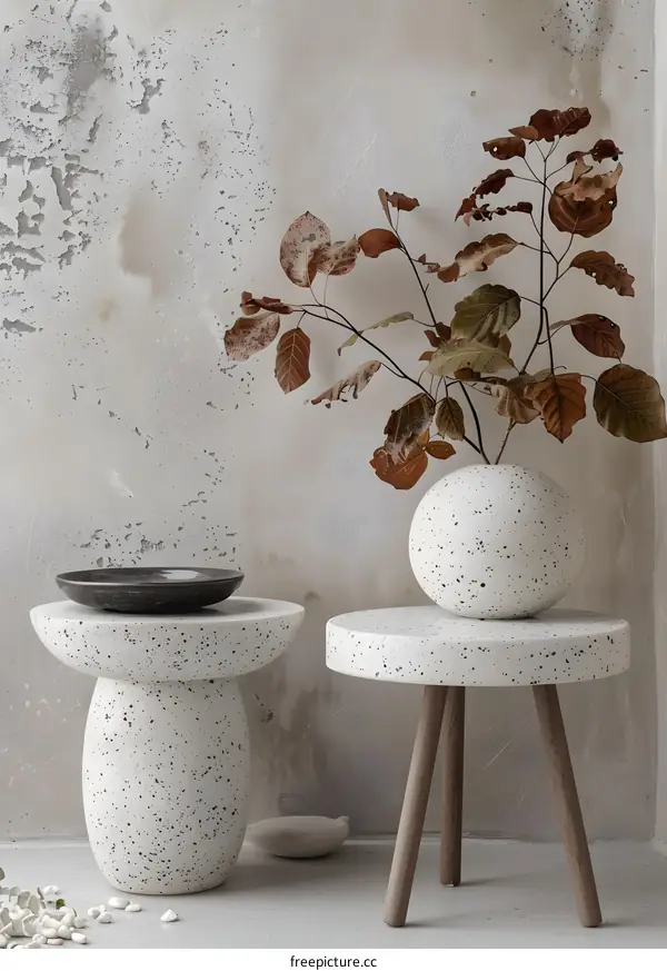 White Terrazzo Side Tables With Dried Branches in a Vase