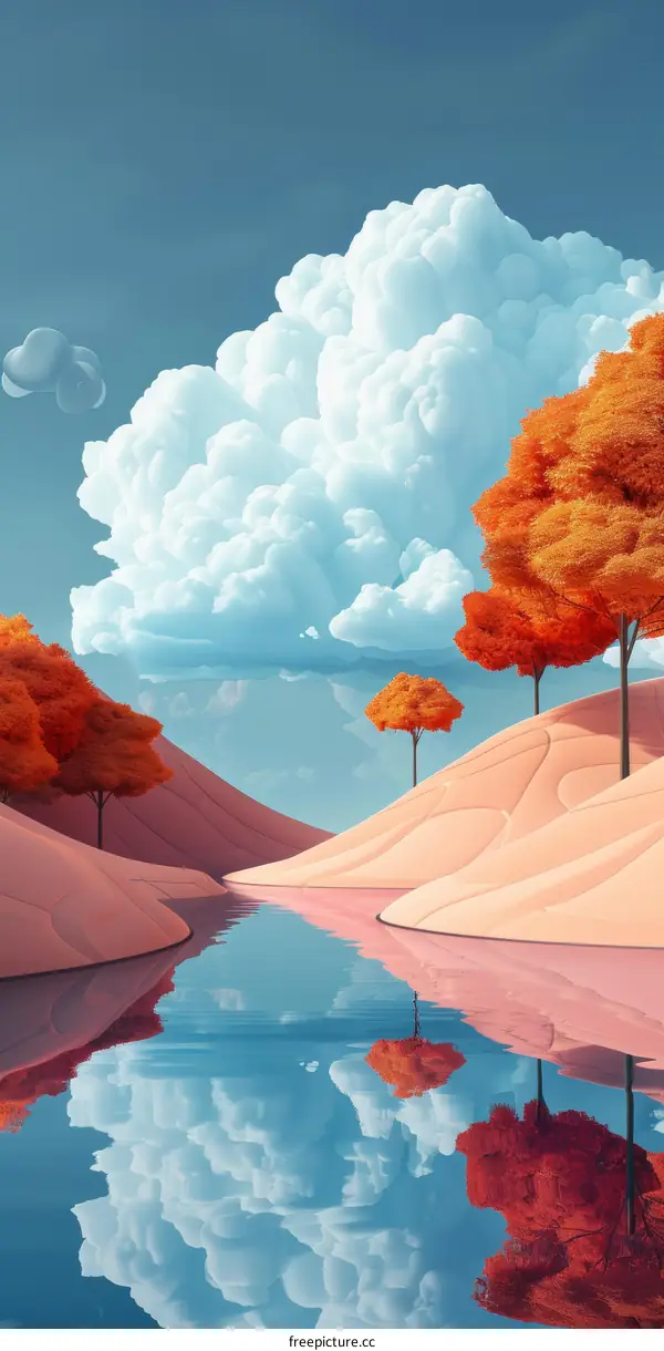 Surreal Landscape with Red Leaves and a River