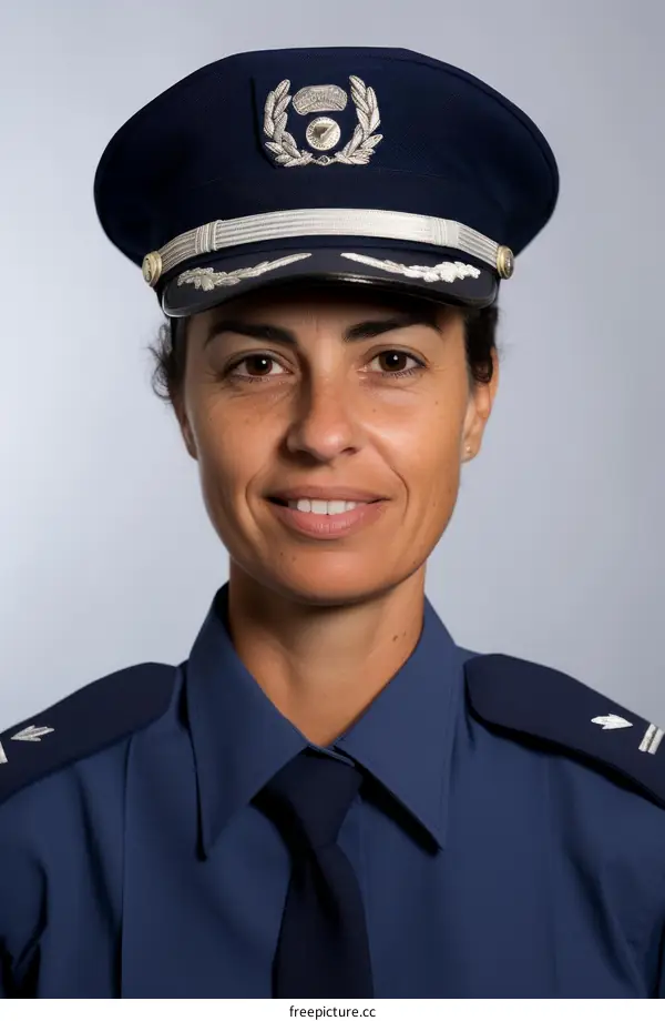 Smiling policewoman in uniform with cap