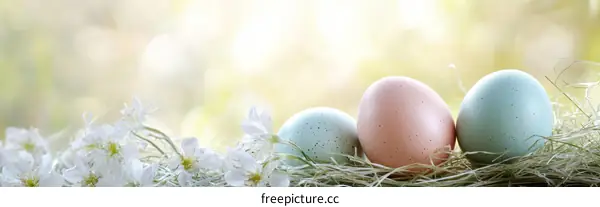 Easter Eggs Nestled in Hay with Flowers