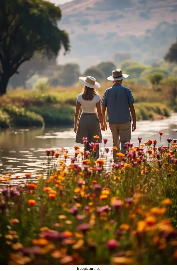 A couple is walking along a riverbank with colorful flowers in the foreground