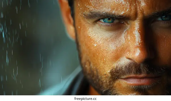 Closeup Portrait of a Man in the Rain