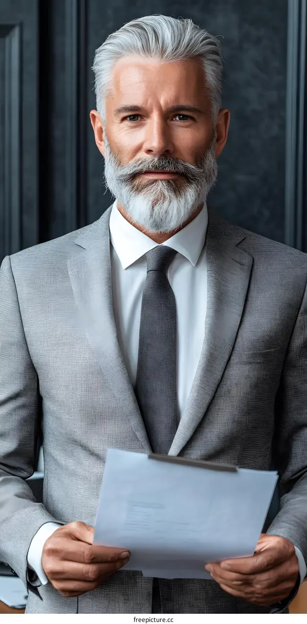 Portrait of a Successful Businessman in a Grey Suit Holding a Document
